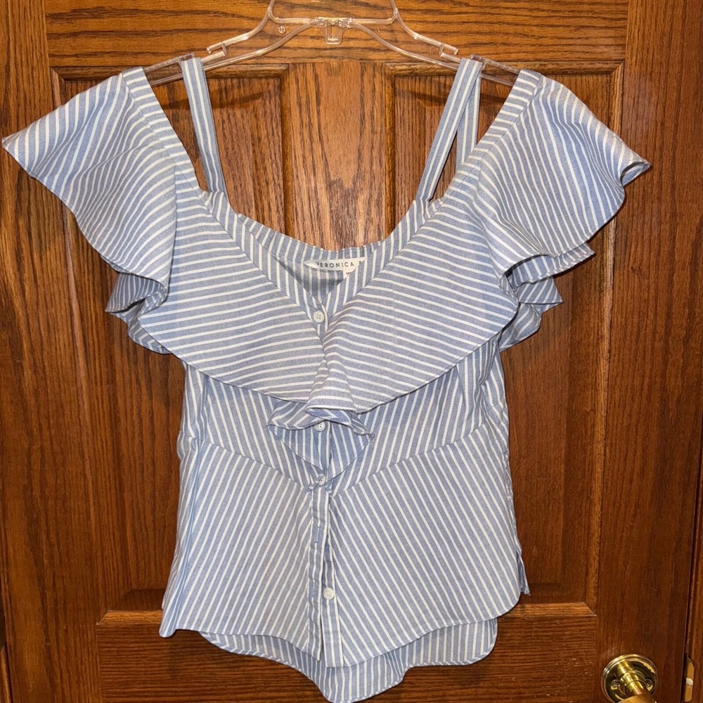 Veronica Beard womens Size 2 shirt cold shoulder sleeveless blue pinstripe top